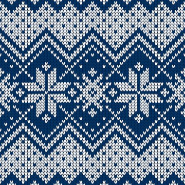 Kış kazak fairisle tasarım. Sorunsuz Noel ve yeni yıl yün örgü modeli. Kar taneleri ile vektör çizim. Tatil geleneksel arka plan.