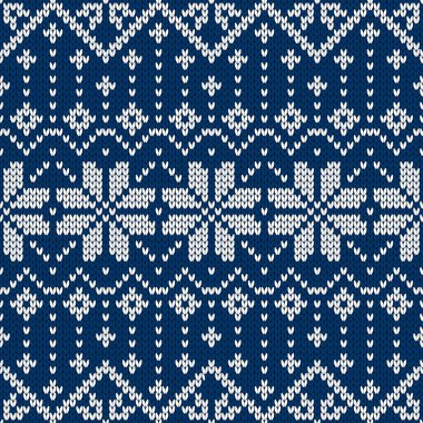 Kış kazak fairisle tasarım. Sorunsuz Noel ve yeni yıl yün örgü modeli. Kar taneleri ile vektör çizim. Tatil geleneksel arka plan.