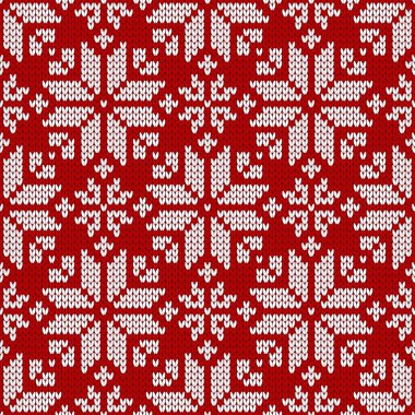 Kış kazak fairisle tasarım. Sorunsuz Noel ve yeni yıl yün örgü modeli. Kar taneleri ile vektör çizim. Tatil geleneksel arka plan.