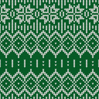 Kış kazak fairisle tasarım. Sorunsuz Noel ve yeni yıl yün örgü modeli. Kar taneleri ile vektör çizim. Tatil geleneksel arka plan.