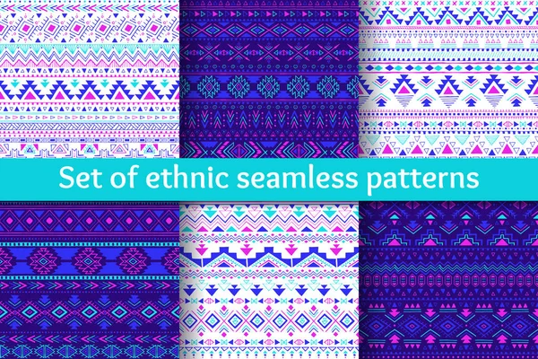 Set Six Tribal Seamless Patterns Geometric Backgrounds Blue Violet Pink — Stock Vector