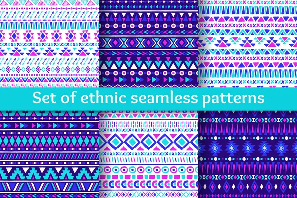 Set Six Tribal Seamless Patterns Geometric Backgrounds Blue Violet Pink — Stock Vector