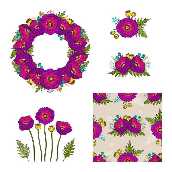 ケシの花の組成物 ベクターの花のコレクション フレーム シームレスなパターンのセットです 結婚式のデザインに描かれているエレメントを手 グリーティング カード 招待状 — ストックベクタ