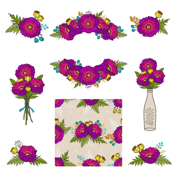 ケシの花の組成物 ベクターの花のコレクション フレーム シームレスなパターンのセットです 結婚式のデザインに描かれているエレメントを手 グリーティング カード 招待状 — ストックベクタ