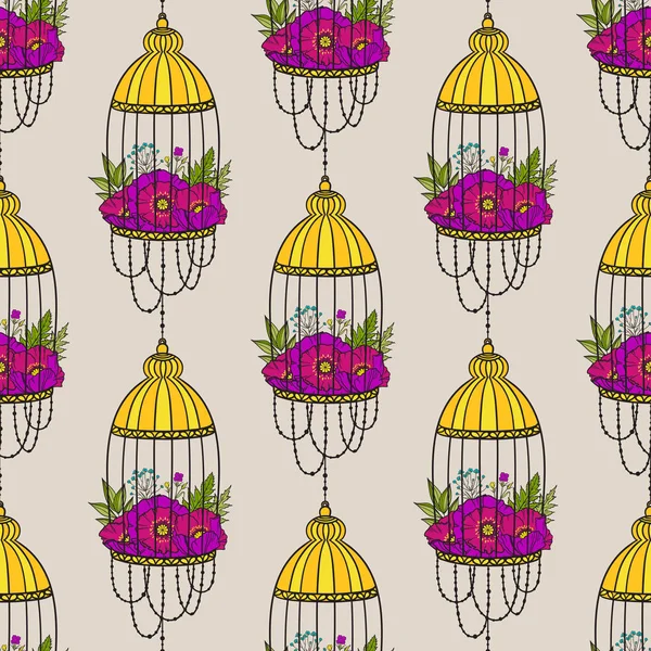 Seamless Pattern Bird Cages Poppies Boho Style Pattern Textile Packaging — Stock Vector