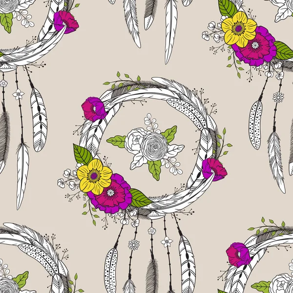 Naadloze Patroon Met Dreamcatchers Bloemen Boho Stijl Patroon Voor Textiel — Stockvector