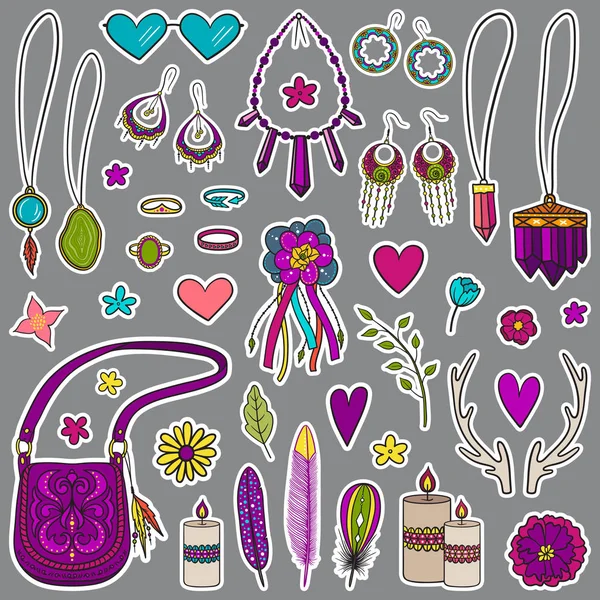 Bohemian Girly Set Stickers Different Jewelry Accessories Fashion Hand Drawn — Stock Vector