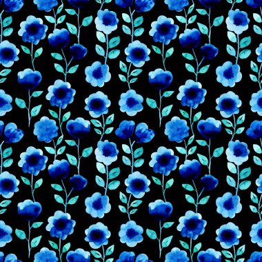 Sulu boya Dikişsiz desen koyu zemin üzerine mavi çiçekli. Modern arka plan, illüstrasyon. Tekstil, duvar kağıdı, ambalaj kağıdı, vb için şablon.
