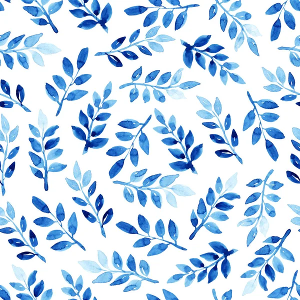 Watercolor Seamless Pattern Leaves Blue Pattern White Background Handmade Texture — Stock Photo, Image