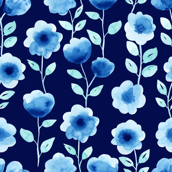 Patrón Sin Costuras Acuarela Con Flores Azules Fondo Oscuro Fondo — Foto de Stock