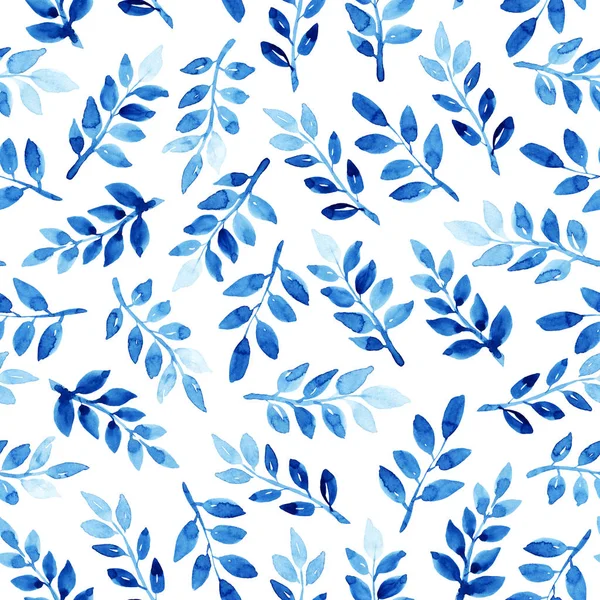 葉と水彩のシームレスなパターン 白の背景に青の模様 手作りの食感 包装紙等のテンプレート — ストック写真