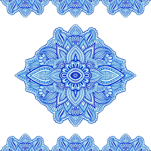 Floral Paisley Motif Borders Isolated White Mandala Background Blue Ornament — Stock Photo, Image