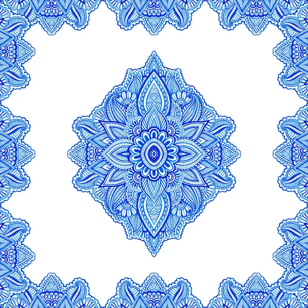 Floral Paisley Motif Borders Isolated White Mandala Background Blue Ornament — Stock Photo, Image