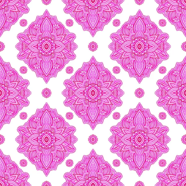 Seamless pattern with abstract motifs. Pink pattern in indian style. Oriental background. Handmade bohemian texture. Ethnic. Template for textile, wallpaper, wrapping paper, etc.
