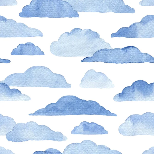 Patrón Sin Costuras Acuarela Con Nubes Fondo Blanco Ilustración Meteorológica —  Fotos de Stock