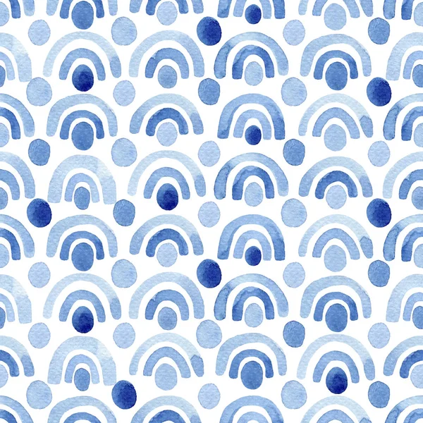 Синій Акварельний Безшовний Візерунок Арками Крапками Анотація Морських Хвиль Сучасний — стокове фото