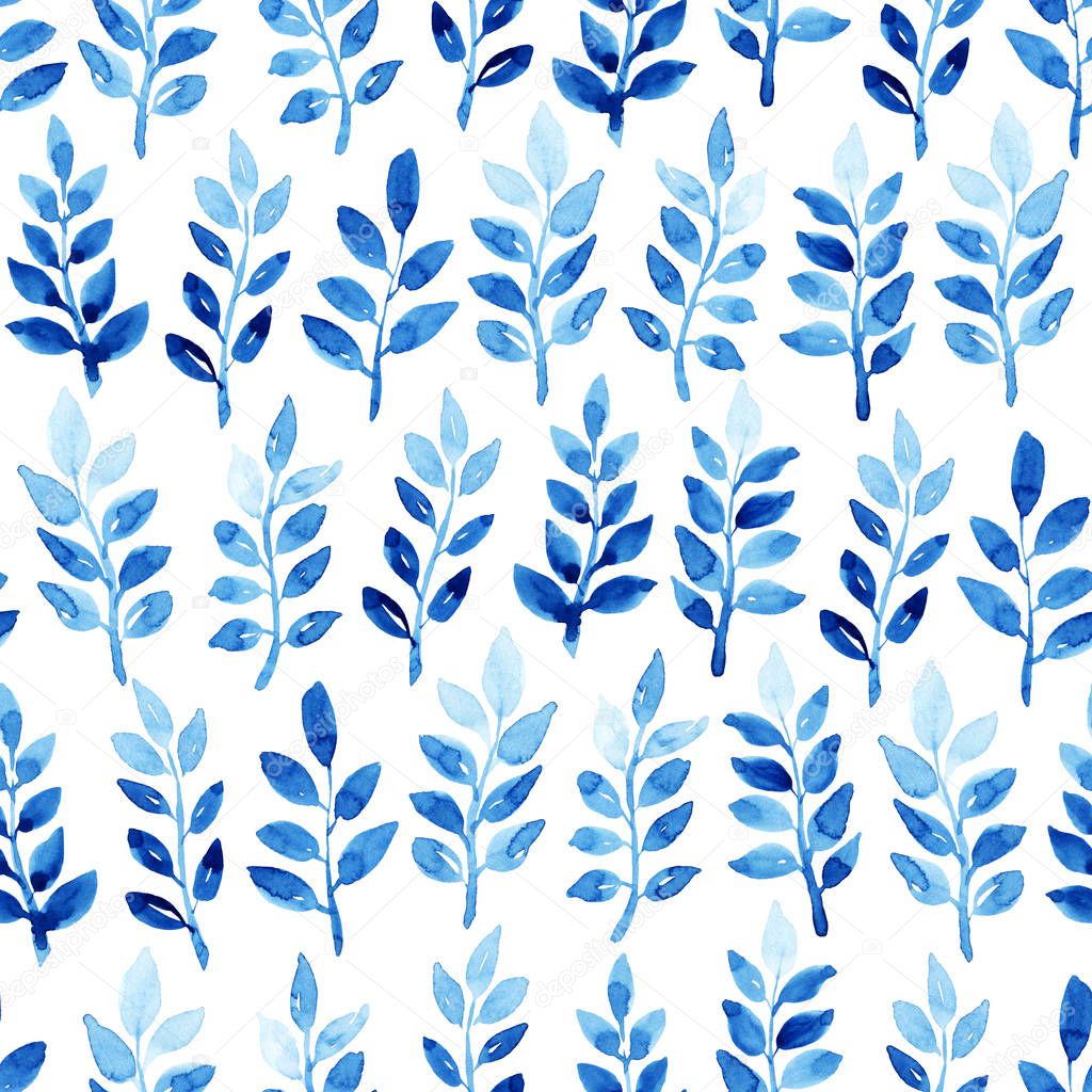 Watercolor seamless pattern with leaves. Blue pattern on the white background. Handmade texture. Template for textile, wallpaper, wrapping paper, etc.