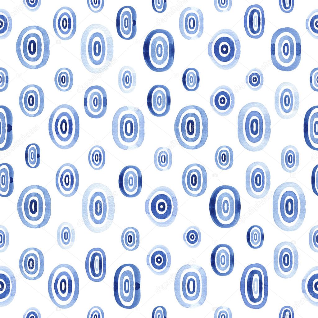 Blue watercolor seamless pattern with ellipses. Abstract drops, modern background. Illustration with polka dots. Template for textile, wallpaper, wrapping paper, etc.