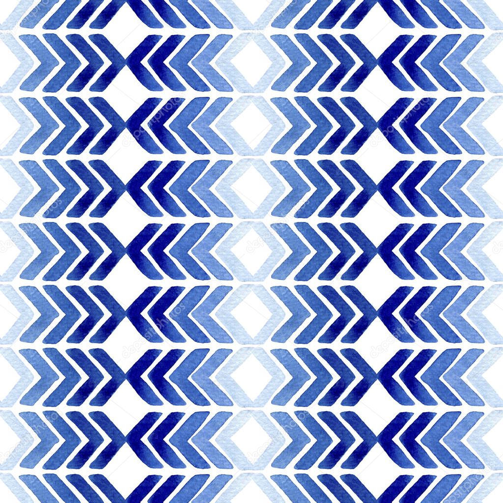 Watercolor seamless pattern with blue rhombus and arrows. Abstract modern background, illustration. Template for textile, wallpaper, wrapping paper, etc.