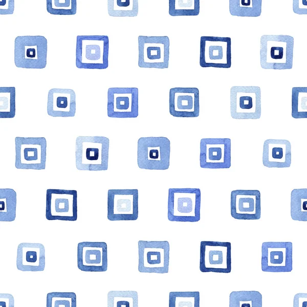 Blaues Aquarell Nahtloses Muster Mit Quadraten Abstraktes Raster Moderner Hintergrund — Stockfoto