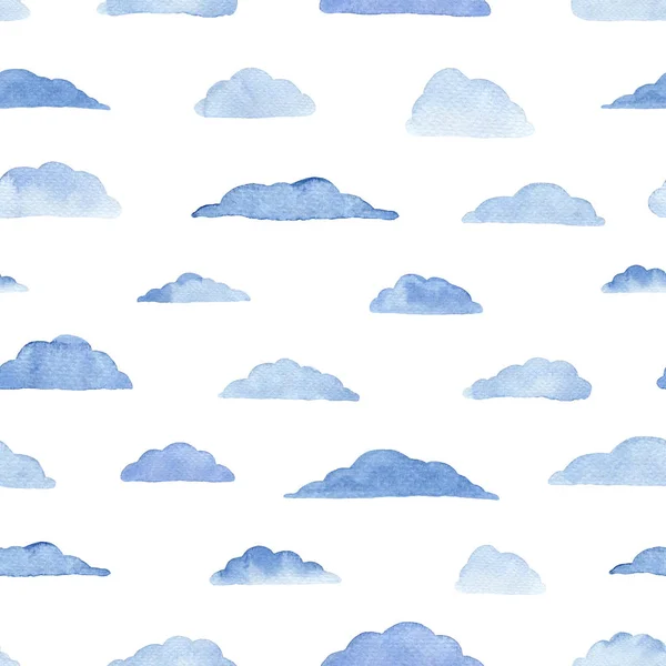 Patrón Sin Costuras Acuarela Con Nubes Fondo Blanco Ilustración Meteorológica — Foto de Stock