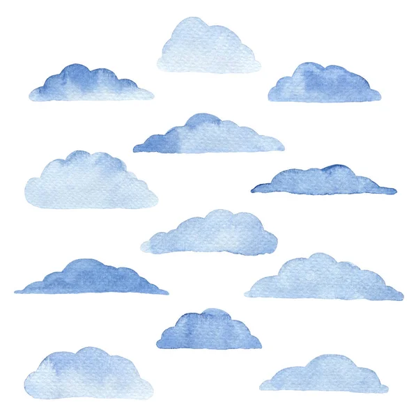 Conjunto Nubes Acuarela Azul Sobre Fondo Blanco Plantilla Para Ilustraciones —  Fotos de Stock