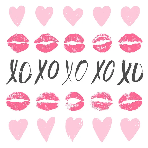 Set of XOXO phrase, lip imprints, hearts. — Stock Vector