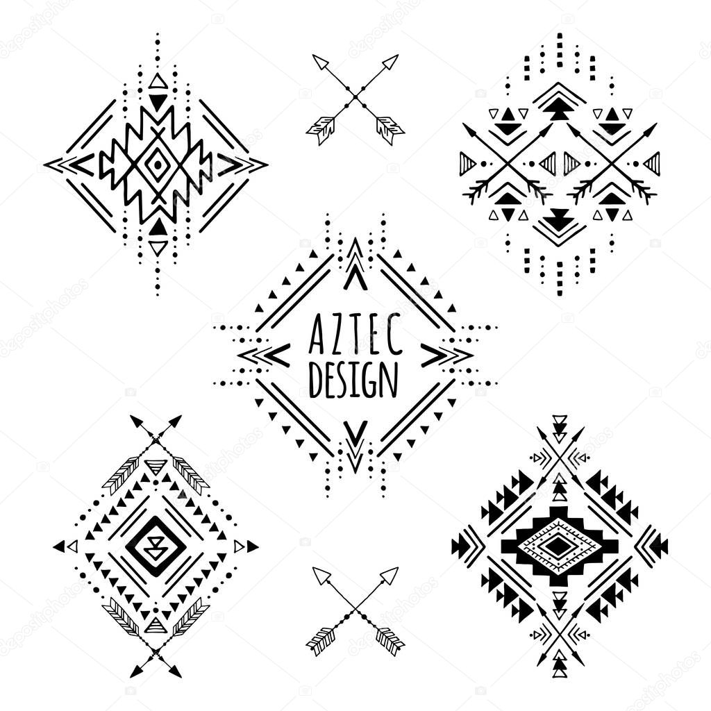 Aztec vector elements. Set of ethnic hand drawn ornaments. Tribal design, geometric symbols for border, frame, tattoo, logo, cards, decorative paper. Navajo motifs, isolated on white background.