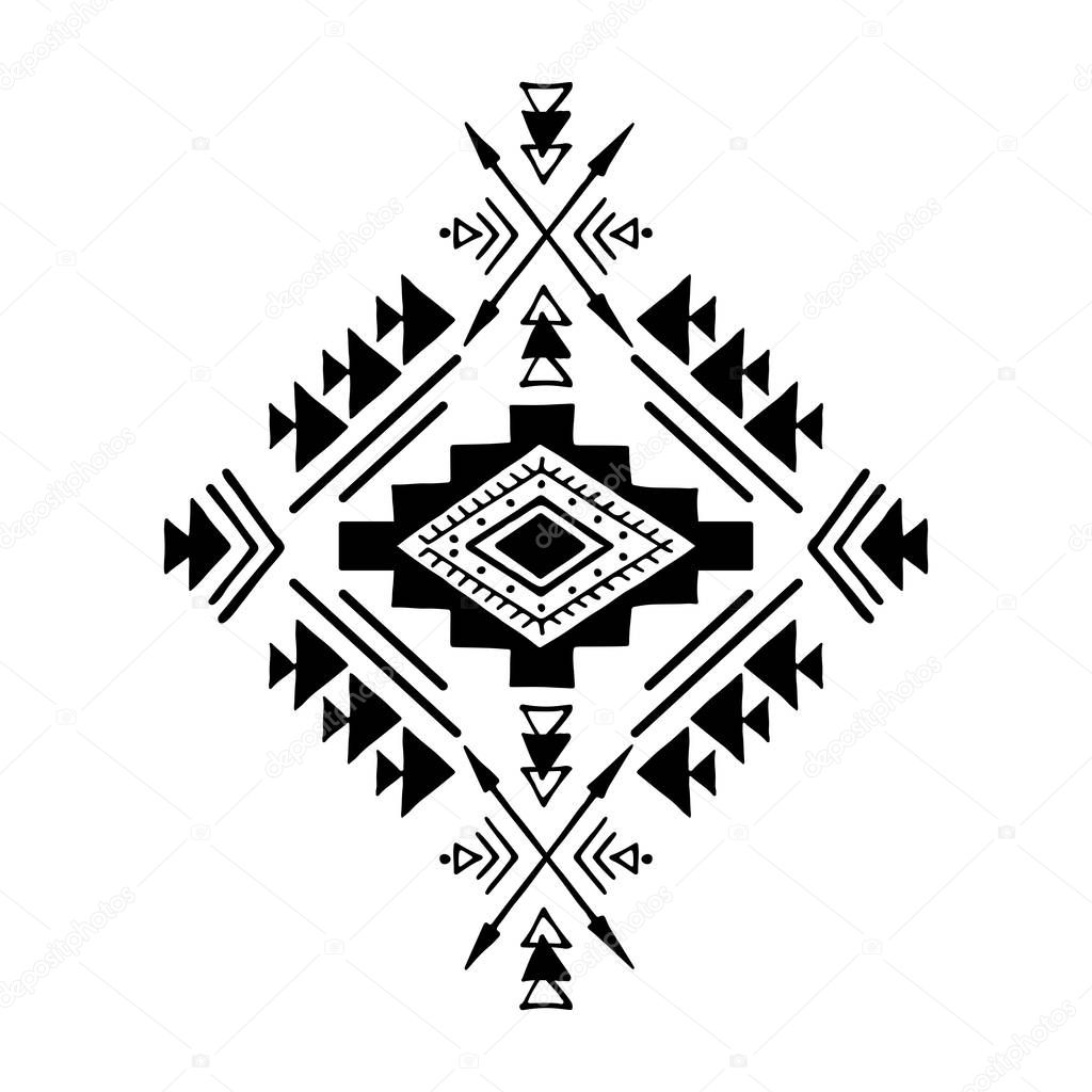 Aztec vector element, ethnic hand drawn ornament. Tribal design, geometric symbol for border, frame, tattoo, logo, card, decorative paper. Navajo motif, isolated on white background.