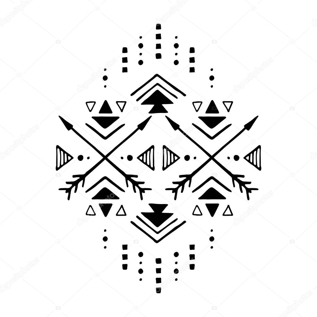 Aztec vector element, ethnic hand drawn ornament. Tribal design, geometric symbol for border, frame, tattoo, logo, card, decorative paper. Navajo motif, isolated on white background.