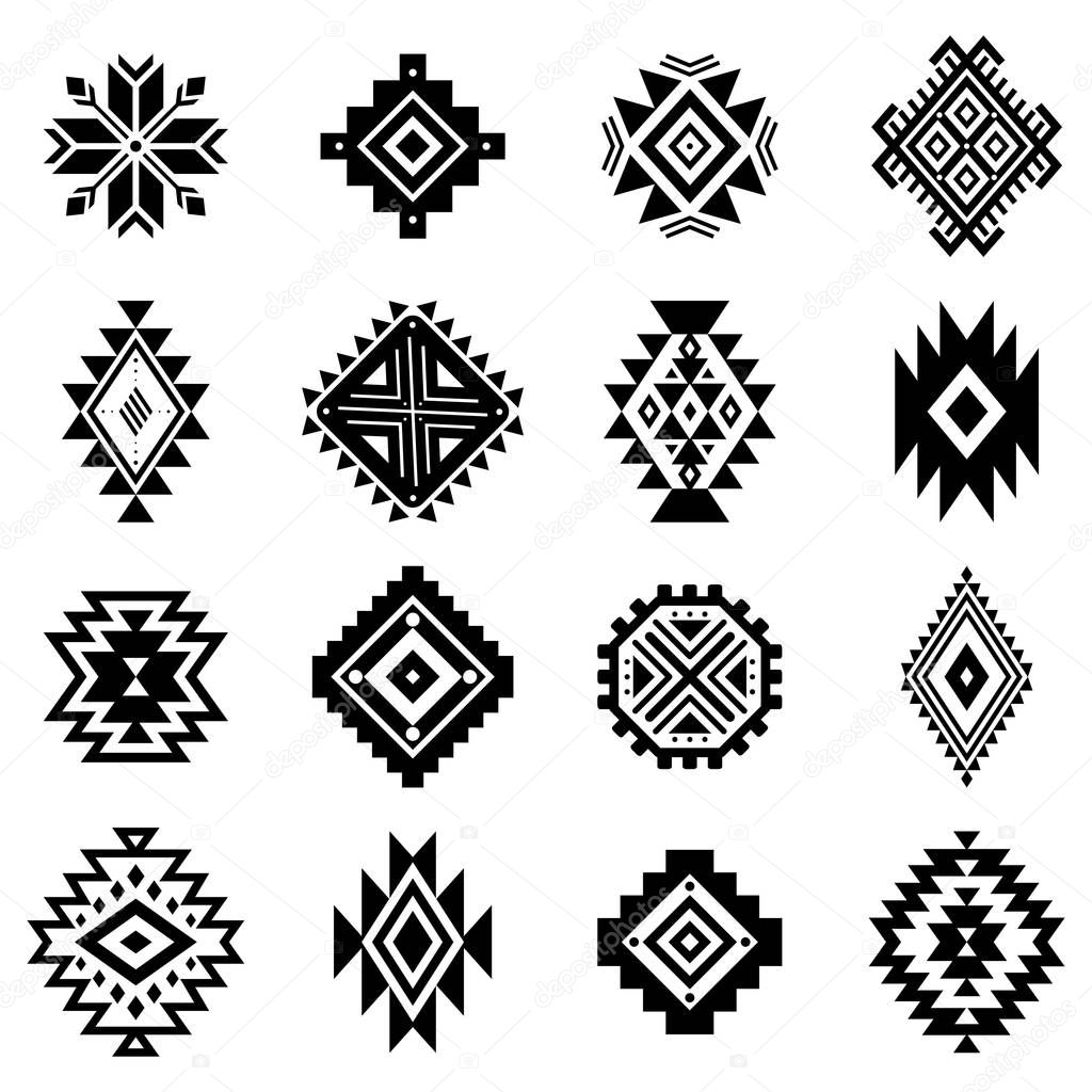 Aztec vector elements. Set of ethnic ornaments. Tribal design, geometric symbols for tattoo, logo, cards, decorative works. Navajo motifs, isolated on white background.