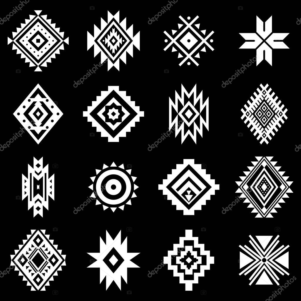 Aztec vector elements. Set of ethnic ornaments. Tribal design, geometric symbols for tattoo, logo, cards, decorative works. Navajo motifs, isolated on black background.