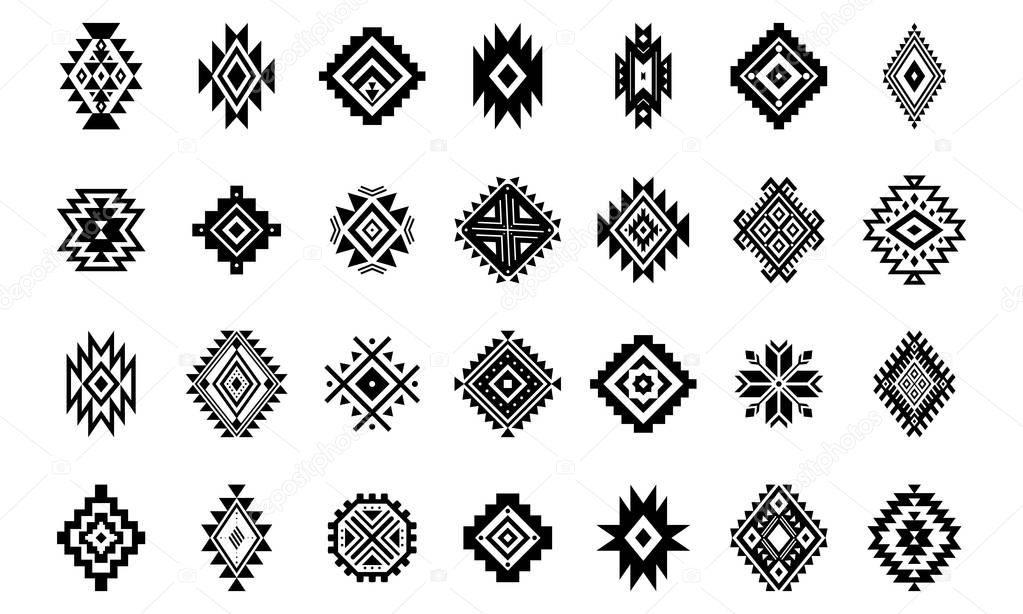 Aztec vector elements. Set of ethnic ornaments. Tribal design, geometric symbols for tattoo, logo, cards, decorative works. Navajo motifs, isolated on white background.