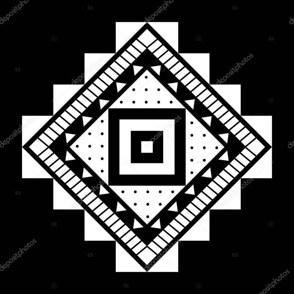 Aztec vector element, ethnic ornament. Tribal design, geometric symbol for tattoo, logo, cards, decorative works. Navajo motif, isolated on black background.
