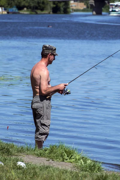 Vinnitsa Ukraine May 2018 Fisherman Stands River Bank Holds Fishing — Stock Photo, Image