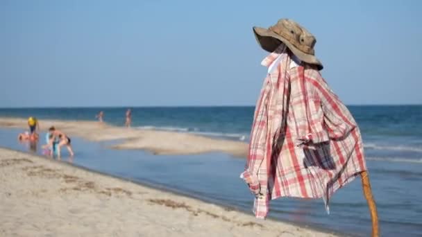 在一个海岸和蓝色的海的背景下 在一个极点的伪装帽子和格子衬衫 — 图库视频影像