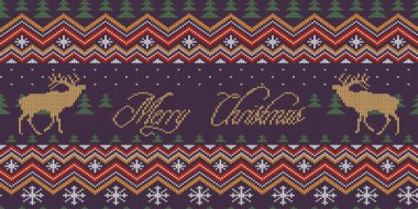 Mutlu Noeller. Kış örme yün seamless modeli ile gece Ladin ormandaki kızıl geyik