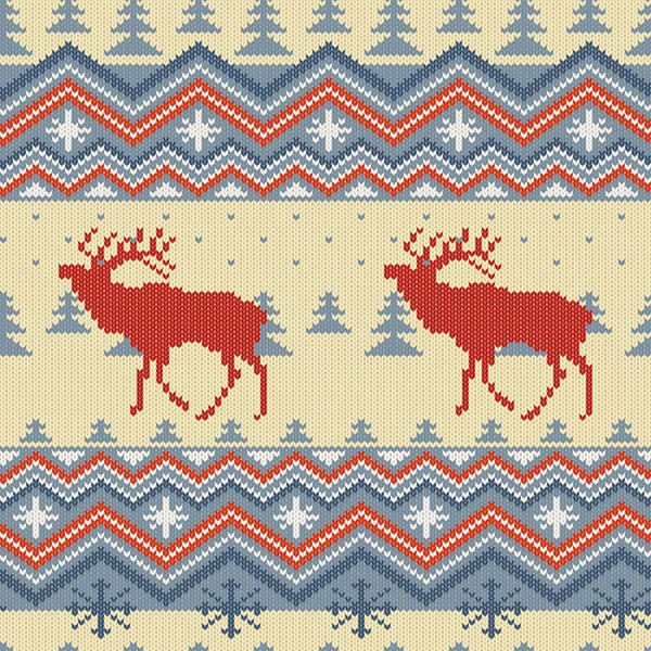 Рождественская Зима Вязаный Шерстяной Бесшовный Узор Красным Оленем Лесу Синие — стоковый вектор
