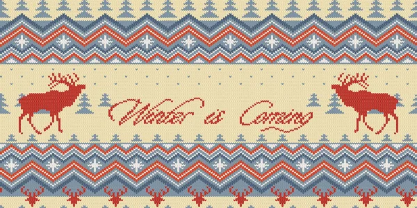 冬が来ています 針葉樹の森の鹿と赤クリスマス冬ニット ウールのシームレス パターン — ストックベクタ