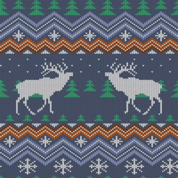 Winter Knitted Woolen Seamless Pattern Reindeer Christmas Trees — Stock Vector