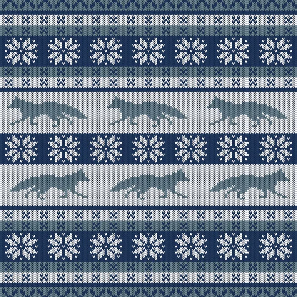 Dziane Scandinavian Bezszwowe Ornament Systemem Fox Płatki Śniegu — Wektor stockowy