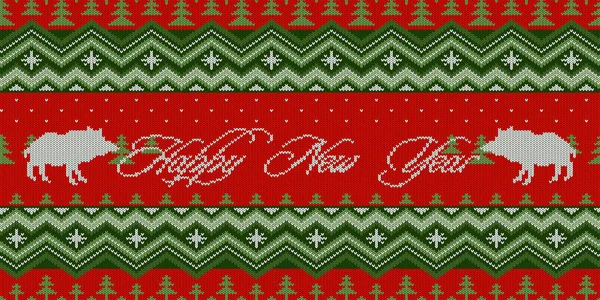Yeni Yılınız Kutlu Olsun. Yıl domuz. Parlak Noel desen - Noel örme yün seamless modeli ile yaban domuzları Ladin ormanda