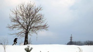 Adam yalnız çıplak ağaca yavaş geçmiş karla kaplı bir araziyi çalışır