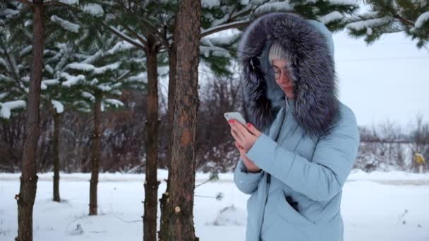 Молодая Девушка Капюшоне Стоит Зимней Сосновой Роще Ищет Телефоне — стоковое видео