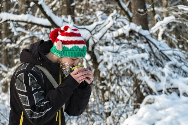 Snow-bearded Christmas elf drinking hot tea from a cup in the frost