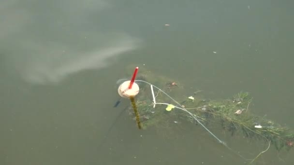 Fischerboot wippt auf und ab und erzeugt Wellen, um einen Biss zu signalisieren — Stockvideo