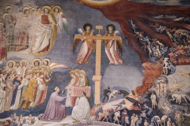 PADUA, İtalya - 2 Temmuz 2017: Scrovegni Şapeli Cappella degli Scrovegni, Arena Şapeli 'nde mermer taklidi. Kilise, Giotto 'nun 1305 yılında tamamladığı bir fresk döngüsü içerir..