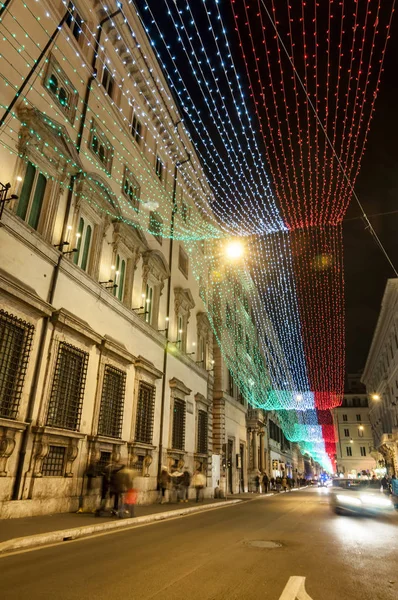 Condotti Karácsonyi Ünnep Olasz Zászló Fények Dekorációk Róma Olaszország — Stock Fotó