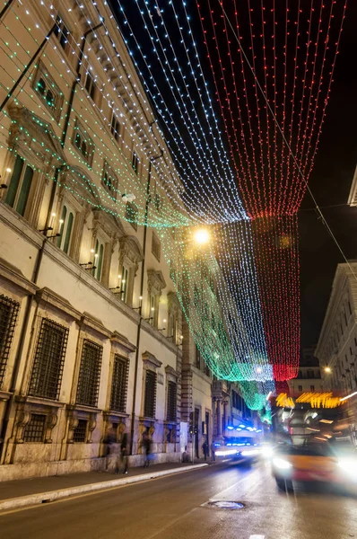 Condotti Karácsonyi Ünnep Olasz Zászló Fények Dekorációk Róma Olaszország — Stock Fotó