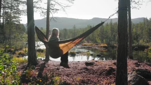 挪威一个吊床上的女孩 — 图库视频影像